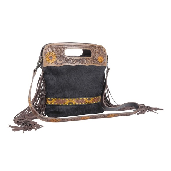 MYRA BAG BLACK VELVET COWHIDE HAND-TOOLED - Picture 7 of 9